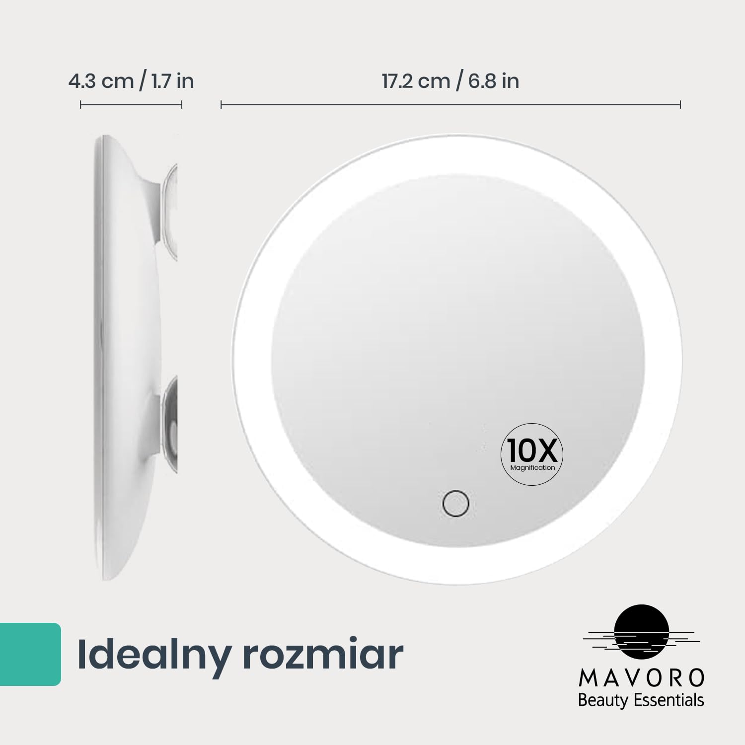 Mavoro Lustro powiększające LED 17.3 cm 10-krotne powiększenie z przyssawkami przenośne podświetlane lusterko do makijażu
