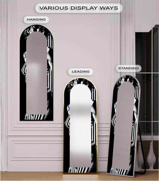 Muse monocromatica da 63,5 x 160 cm (larghezza x altezza), specchio da pavimento nero e bianco ad arco a tutta lunghezza - Specchio da pavimento colorato con cornice nera con