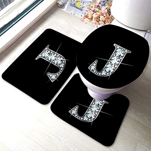 Badezimmerteppich-Set, 3-teilig, Bling Atemberaubendes schönes J in Diamanten und Silberraster, waschbare Badteppiche, rutschfest, mit Rückenpolster, Konturteppich und Toilettendeckelbezug