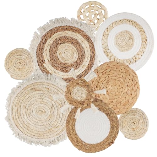 Rongxze 9 Stück Boho Wanddeko, Boho-Wandkorb-Set, Gewebte Wandkorbdekoration,Handgefertigt, Runde Wandkunst für Bauernhaus,für Wanddekoration, Schlafzimmer, Wohnzimmer, Küche