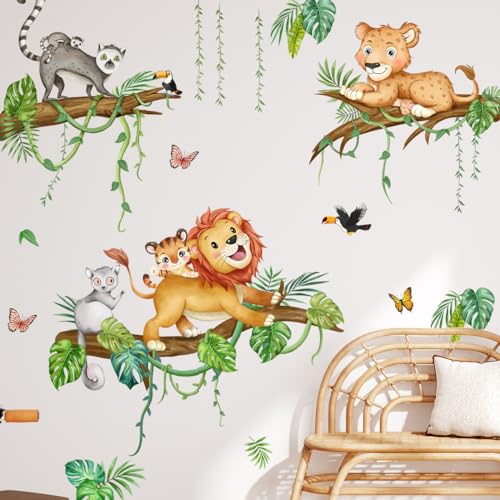 Runtoo Safari Animals Lion Wall Stickers Tropical Palm Leaves Jungle Animal Tree Branch Wall Art Decals for Baby Nursery Kids Bedroom Classroom Home Decor