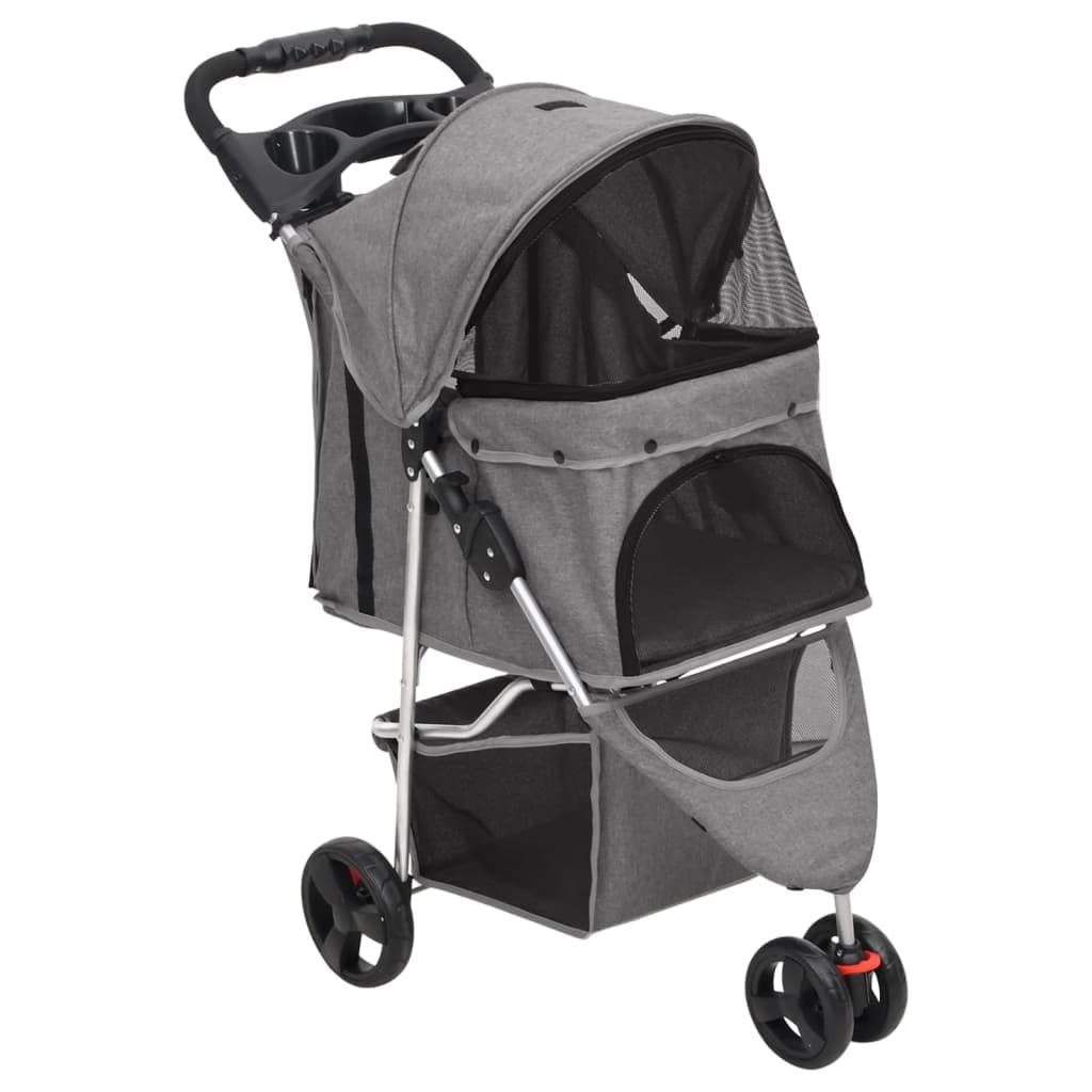 vidaXL Folding Dog Stroller Portable Puppy Pushchair Wheeled Dog Carriage Pet Puppy Pram with Storage Grey 80x46x98 cm Oxford Fabric