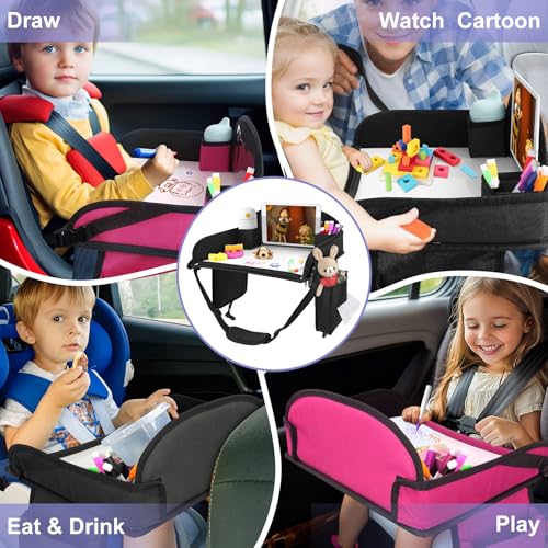 Image of 3Pcs Kids Travel Tray, Kids Travel Trays for Car Seat, Road Trip Essentials for Toddler, Carseat Lap Tray with Dry Erase Board & Storage Organizer for Road Trip Activities for Kid, 2Black+1Pink