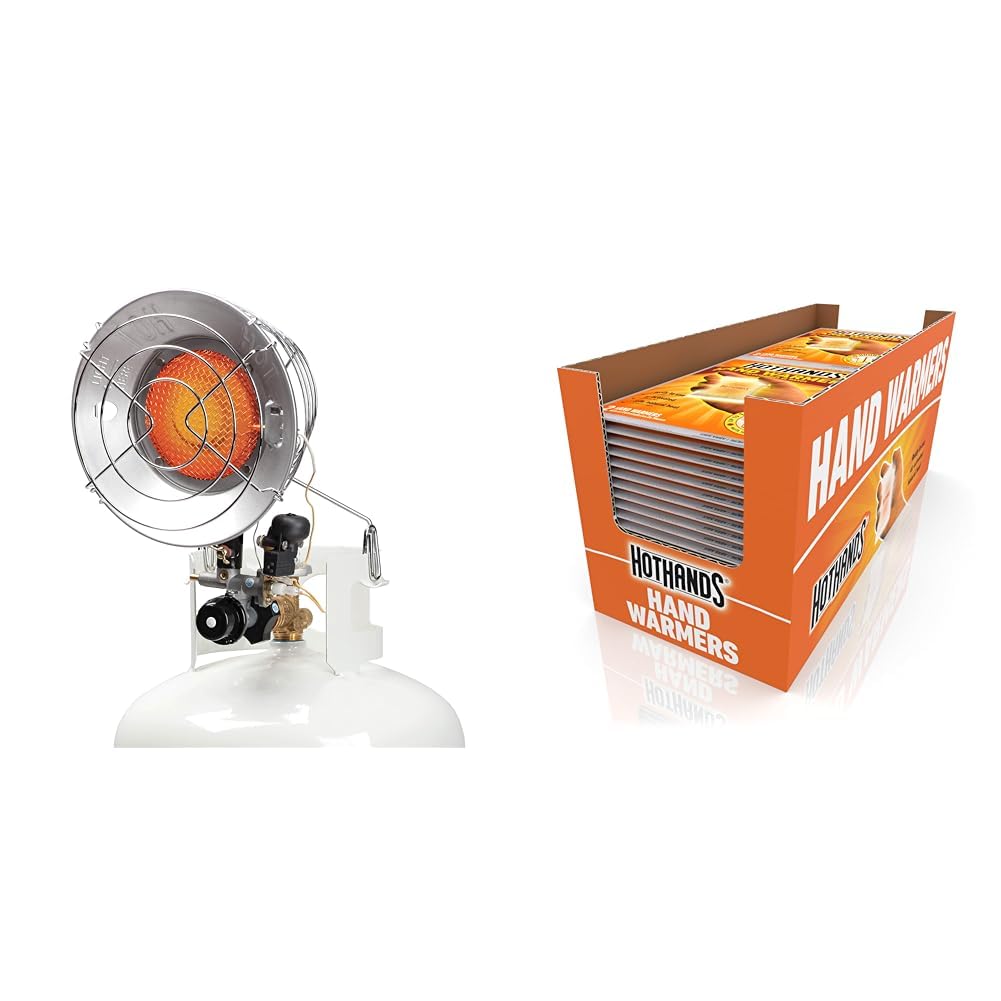 15,000 BTU Single Tank Top Portable Propane Radiant Heater,Grey/Silver &amp; HotHands Hand Warmers - Long Lasting Natural Odorless Air Activated Warmers - Up to 10 Hours of Heat - 40 Pair