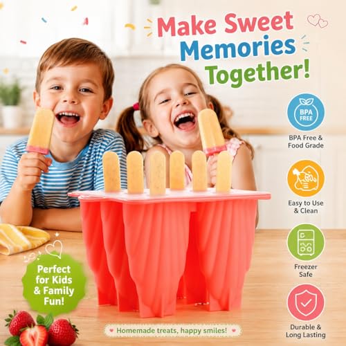 Image of BPA Free Ice Lolly and Kulfi Maker Set of 8 Reusable Popsicle Moulds Food Grade Plastic Ice Cream Popsicle Maker for Home Kitchen Multicolor (Rich Pink)