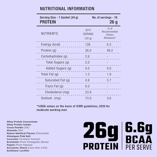 Image of Foodstrong Whey Protein Powder (Concentrate + Isolate), 100% Hormone Free Grass-Fed Whey, 26G Protein & 6.6G BCAA, Chocolate Almond, With Turmeric & Digestive Enzymes, 16 Sachets, 543G (Pack Of 2)