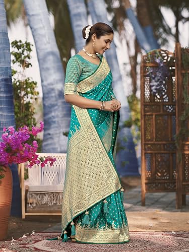 Image of MANOHARI Women's Trendy Banarasi Satin Silk Woven Saree with Heavy Jacquard Work, Elegant Design, Silk Saree with Maching Lace Border Unstitched Blouse Piece for Weddings & Festive Occasions