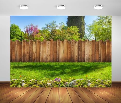 BELECO 7x5ft Fabric Backyard Garden Backdrop Brown Wooden Fenced Garden