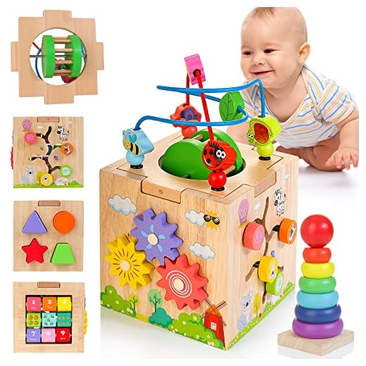 Kizfarm 8-in-1 Activity Cube Wooden Montessori Toys for 1+ Year Old, Bead Maze Shape Sorter Developmental Learning Toys, Bonus Sorting & Stacking Toys for 12M+ Toddlers, Gift Packaging