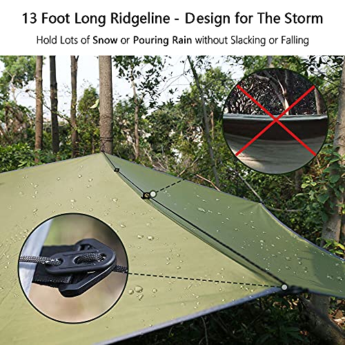 Image of Hammock Rain Fly Tent Tarp Provides Effective Protection Against Rain, Snow. 32ft Long Ridgeline. Big 9.8x9.5ft Durable, Waterproof 210D Oxford. 6 Reflective Guy Lines, 2 Stuff Sacks. Easy Assembly