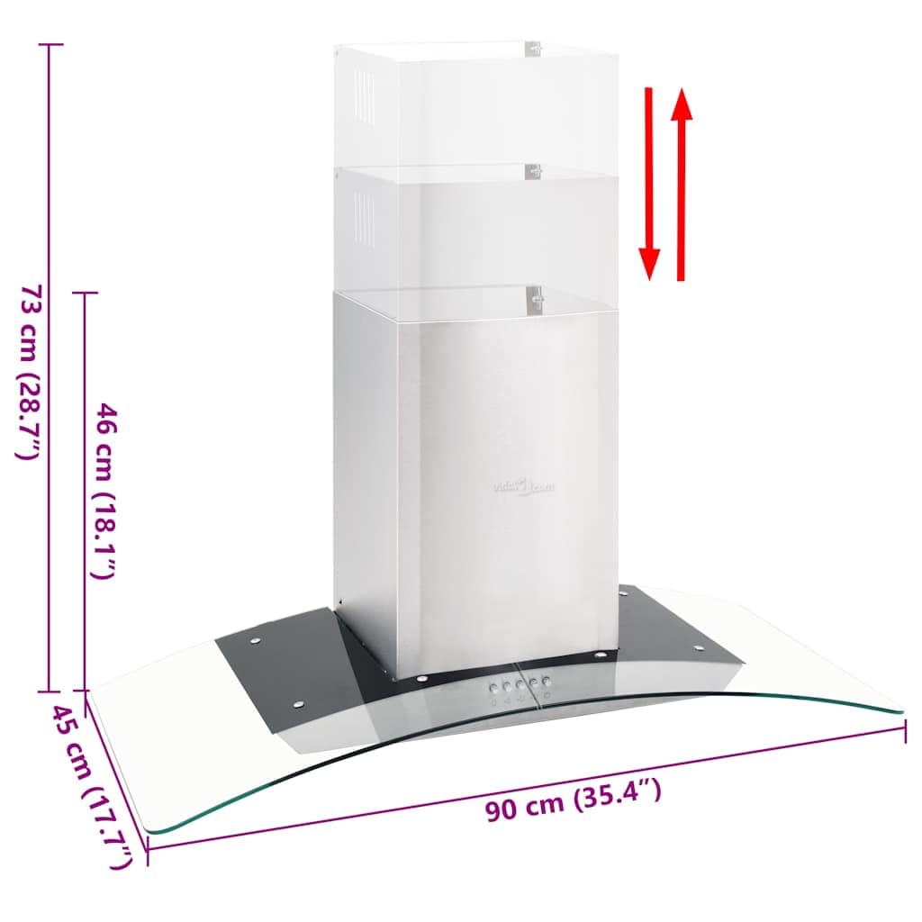Okap kuchenny montowany na ścianie 90 cm ze stali nierdzewnej z hartowanym szkłem, wydajność powietrza 756 m³/h, oświetlenie LED, 3-stopniowe odsysanie, w zestawie filtr węglowy i aluminiowy
