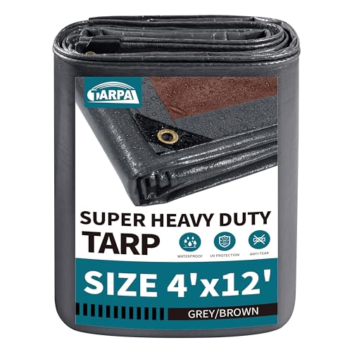 TARPAL tarp 4x12 Feet Super Heavy Duty Tarps Cover 20mil Waterproof UV Protection Rip and Tear Proof Tarpaulin with Grommets(Grey/Brown)
