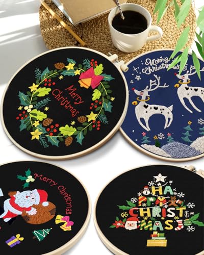 Image of TINDTOP Christmas Embroidery Kit for Adult, Embroidery DIY Starter Kit | 4 Pack with Stamped Patterns, Hoop, Tools, Colorful Threads with Needles, Instructions