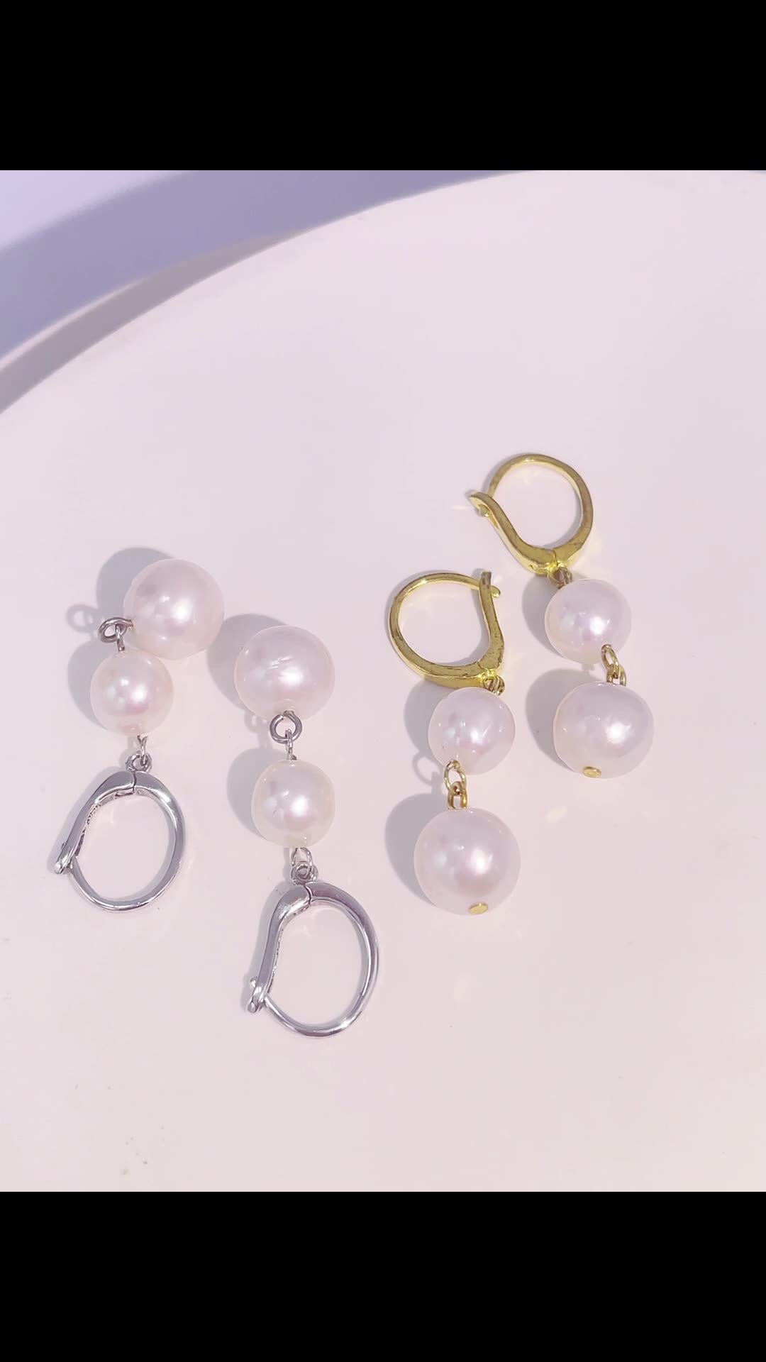 CFWSHJ Kleine Creolen aus 14-Karat-Massivgold über S925-Sterlingsilber mit doppelten Naturperlen-Ohrhängern – unverwechselbares Design für Brautkleidung und besondere Anlässe