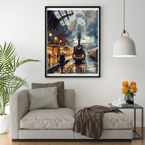 Image of Moohue 14ct Counted Cross Stitch Kits for Adults Train Station Printed Stamped Cross Stitch Patterns Kits Cross Stitch Supplies (Train Station)