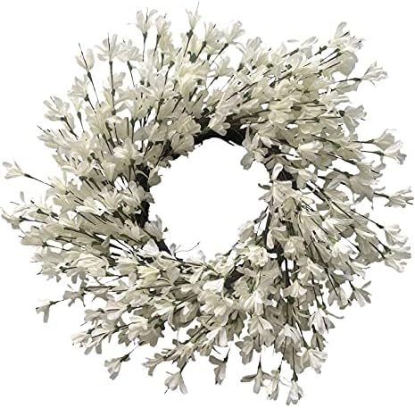 White Cream Forsythia Wreath 24 Inch Summer Front Door Wreath Blossom Cluster Flower Farmhouse Wreath on Grapevine for Christmas Festival Celebration Front Door Wall Window Hanging Christmas Décor