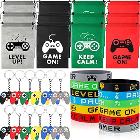 36 Pieces Video Game Party Favors Set Include Gamer Party Favor Bags with Drawstring Silicone Bracelets Wristbands Game Controller Keychains for Boys Girls Gaming Birthday Party Supplies Decorations Cover