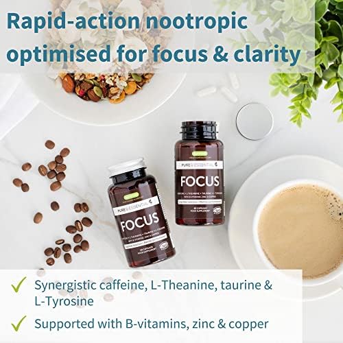 Pure & Essential Focus - Brain Supplement with 200mg Caffeine, L-Theanine, Taurine, L-Tyrosine Plus B-Vitamins, Zinc & Copper, Enhance Cognitive Function & Mental Energy, 60 Capsules