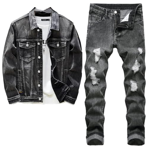 Black Jacket Jeans Two Piece Set for Men Casual Loose Denim Coat and Hole Ripped Pants