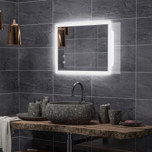 kleankin Specchio Bagno con Luce LED 70x50 cm, 3 Colori Luce, 3000-6500K, Interruttori Touch, Specchio da Parete Antideflagrante con Luminosità Regolabile, Funzione Memoria, Antiappannamento