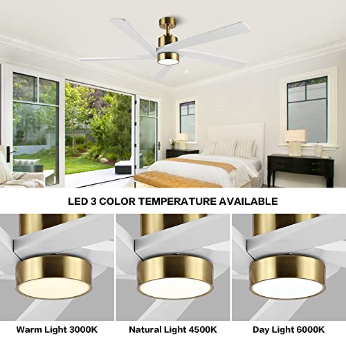 WINGBO 54 Inch DC Ceiling Fan with Lights and Remote Control, 5 Reversible Carved Wood Blades, 6-Speed DC Motor, Modern Ceiling Fan in Brass Finish with White Blades, ETL Listed by WINGBO - Image 6