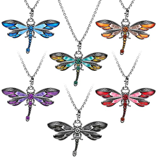 Sureio 6 Pieces Bohemian Dragonfly Necklace Bulk Bohemian Jewelry for Women Pendant Colorful Butterfly Necklace Vintage Multilayer Ethnic (Dragonfly)