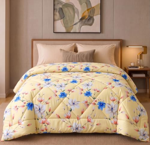 Image of HOMEKART 220 GSM Reversible Microfiber AC Comforter /Duvets for Mild Winter | All Season Single Size 3 Layered Quilted Blanket for Single Bed (230 cm x 150 cm,Lemon)