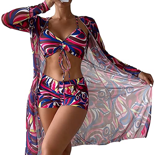 3 Piezas Bikinis Mujer 2024 Push Up Elegante con Relleno Conjunto Traje de Baño + Cover Up Cruz hacia Atrás Cordones Top de Bikini con Shorts de Baño Verano Bañadores Ropa de Playa