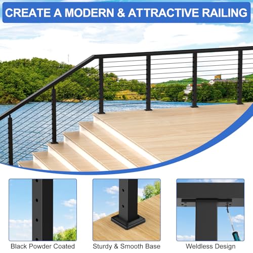 Image of 4FT-8FT Complete Set 36 inch Cable Railing Kit(35 inchx2 inchx2 inch), 2pcs Stainless Steel Black Flat Top Surface Mount Level Posts, 1 /8 inch Wire Rope(No Handrail), Swageless Cable Railing System Kit, MY07-LP