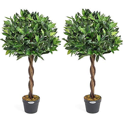 Christow Artificial Bay Tree In Pot, Large 3ft 4ft Tall Indoor Outdoor Garden Topiary Ball, Twisted Wooden Trunk, Realistic Lush Green Leaves, Home Office Restaurant (3ft, 2 pack)