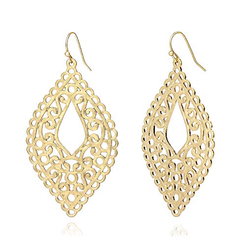 Pomina Boho Moroccan Style Floral Filigree Dangling Drop Earrings Geometric Open Teardrop Gold Earrings for Women (Worn Gold)