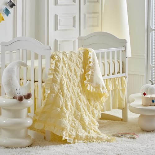 Image of Ruffled Crib Bedding Set Baby Boho Quilted Comforter with Fitted Sheet and Bed Skirt - Cute Soft Breathable Seersucker Ruffled Shabby Chic Bedding Soft Blanket Design - Yellow