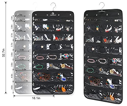 Freegrace Hanging Jewelry Organizer Revolving Hanger - Secure Zipper Closure - 50 Pockets - Foldable Storage & Display Solution - For All Jewelry & Bijoux (Black) - Image 3