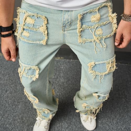 Mens Stacked Leg Jeans Pant Casual Hip Hop Trouser Streetwear Slim Fit Skinny Ripped Jeans3