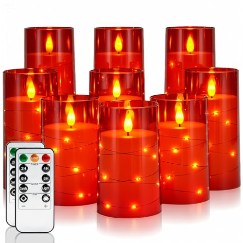 Image of Homemory Flickering Flameless Candles, Red LED Pillar Candles with Remote