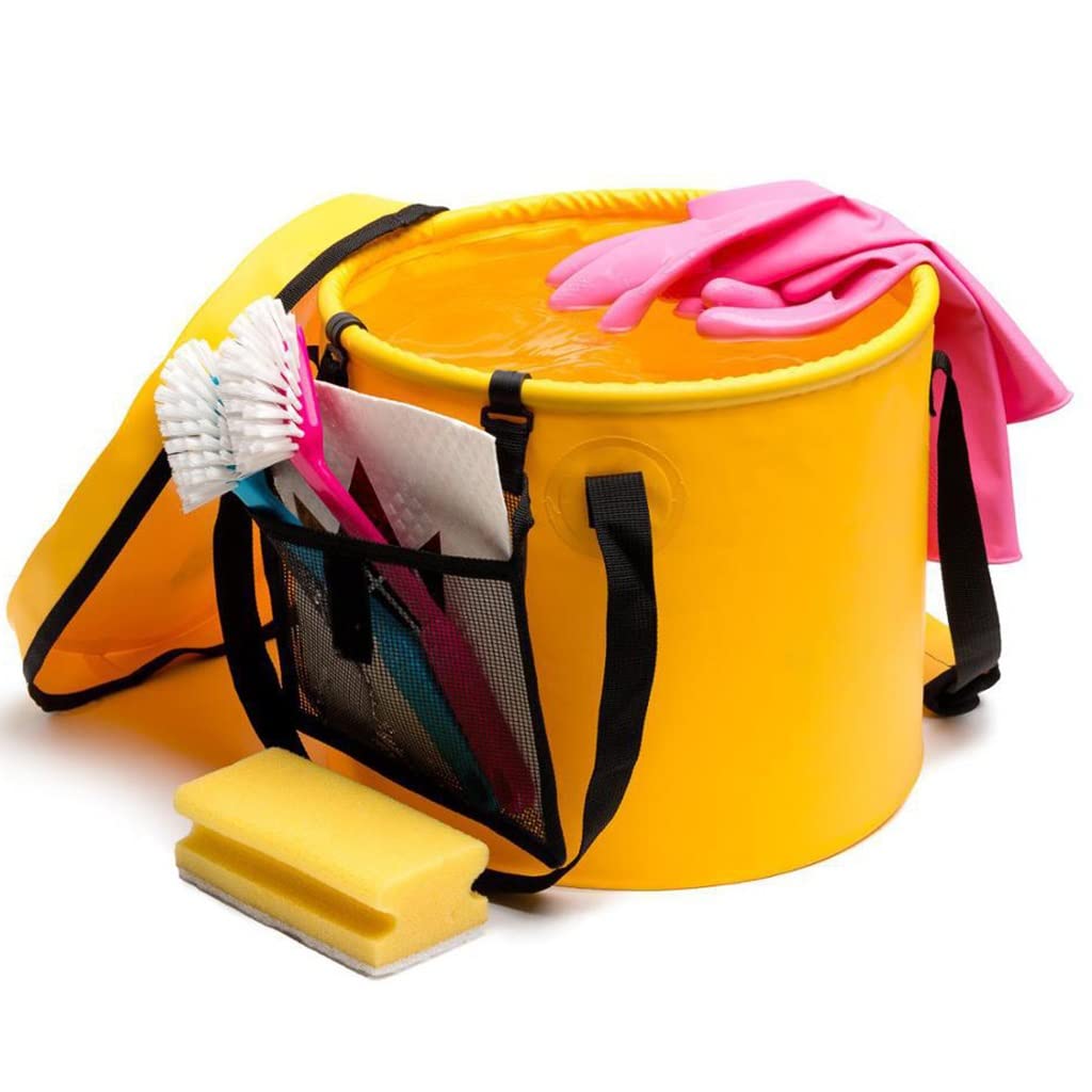 DUNAKE Cubo Plegable para Camping, Cubo De Agua Plegable Multiuso, Cubo De Pesca Plegable, Cubo Plegable Playa con Tapa, Bolsillo De Malla, para Jardinería, Viajes (Color : Yellow, Size : 28L)
