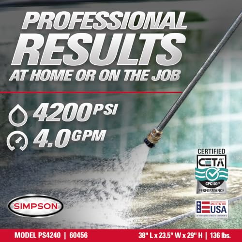 Image of Simpson PS4240 PowerShot Gas Pressure Washer Powered by Honda GX390, 4200 PSI at 4.0 GPM, (49 State) 60456 | Gas Power Washer For Professionals. AAA Triplex Pump, 50' Hose, 5 Nozzles, Welded Steel Frame. 49-State Compliant. 60456
