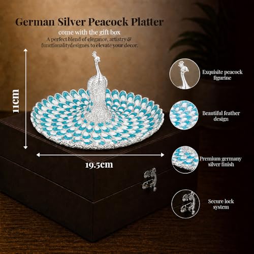 Image of Diviniti German Silver Peacock Decorative Tray for Home Decor | Luxury Dry Fruit & Sweet Serving Platter with Blue Enamel Feather Design | Premium Decorative Gift Hamper Plate with Elegant Gift Box
