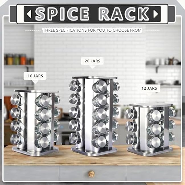 Stainless Steel Rotating Spice Rack for Countertop with 12/16/20 Spice Jars, Kitchen Spice Rack Set Seasoning Organizer Storage Containers for Cabinet (Medium)