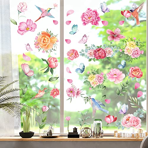 Image of 79 PCS Spring Window Clings,Spring Flower Window Clings for Glass Windows,Double-Sided Birds Floral Butterfly Window Stickers for Spring Decor (9 Sheets)