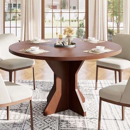 Garvee Table à Manger 120 cm Ronde en Bois Massif, Pied Stable, pour 4 à 6 Personnes, Diamètre, pour Salle à Manger, Cuisine Ou Salon, Marron Rougeâtre