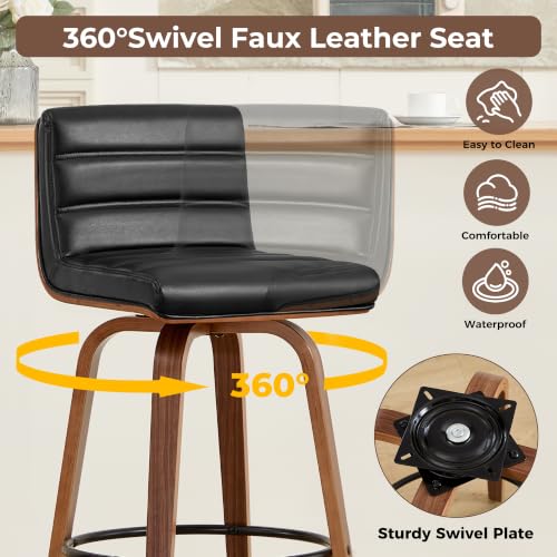 Image of Swivel Bar Stools Set of 5,26 inch Faux Leather Counter Height Barstools with Back,Mid Century Modern Upholstered Bar Chairs with Bentwood Legs Island Stools for Kitchen Counter Black