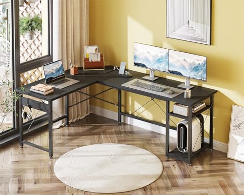 Coleshome L Shaped Computer Desk 59" with Power Outlet, Corner Desk Workstation with Storage Shelves, Modern Wooden Office Gaming Desk, Wood & Metal PC Desk, Black - Image 3