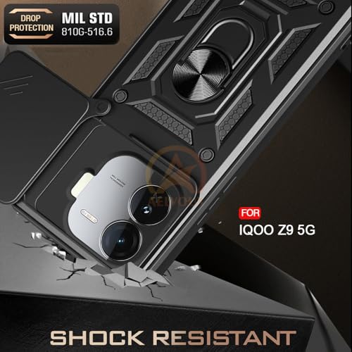Image of AESTMO Tough Armor Compatible with iQOO Z9 5G Bumper Back Case Cover | Ring Holder & Sliding Camera Shield Cover | 360 Degree Protection Back Case Cover Compatible with iQOO Z9 5G (Black)