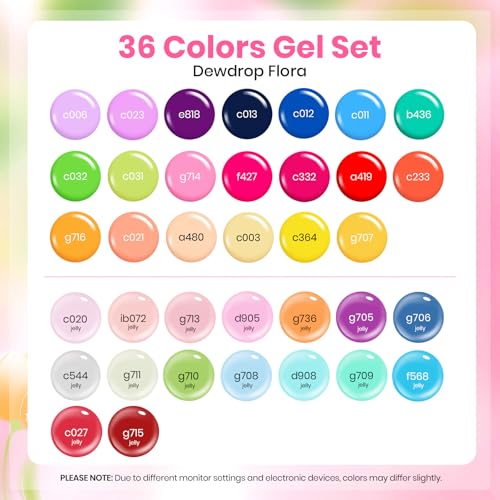 Image of Beetles Neon Gel Polish Set - 36 Colors Dewdrop Flora Nail Gel, Jelly Pink Milky White Yellow Purple Green Natural Classic Shade, Soak Off UV LED Home Salon Gift for Women