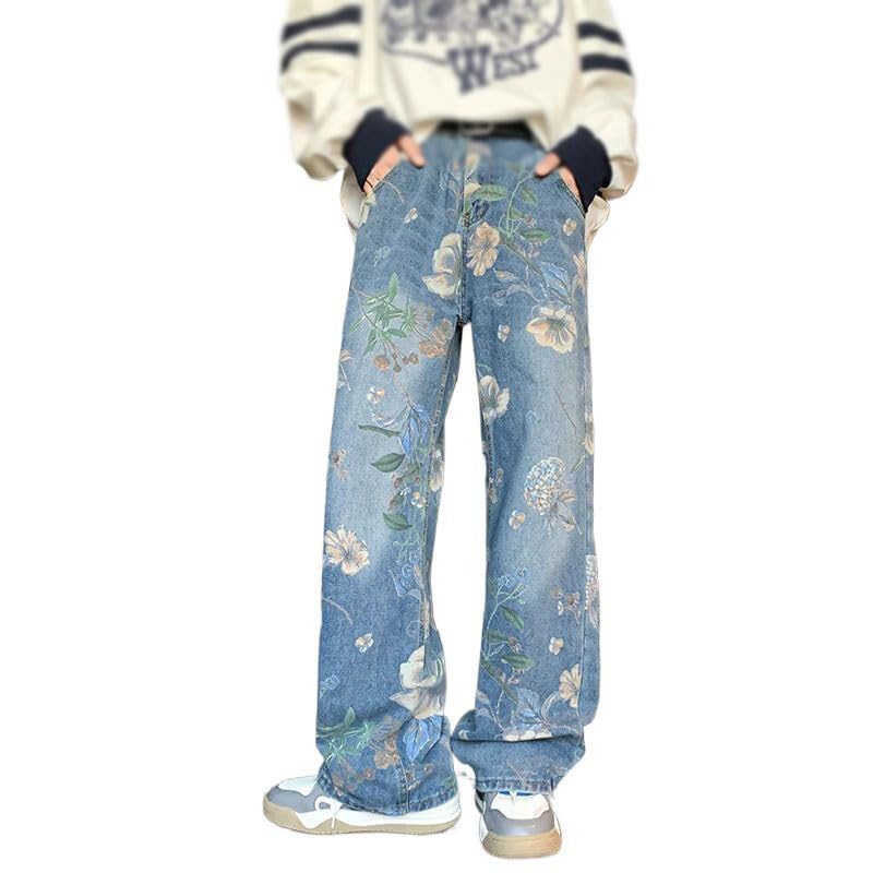 Baggy Jeans Men Floral Printed Korean Style Autumn Denim Pants
