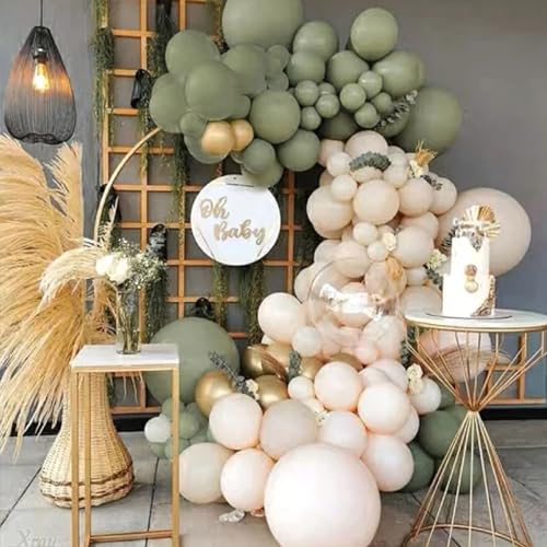 Image of PartyWoo Sage Green Balloons 100pcs 12 Inch Metallic Gold Sand White Gold Confetti Balloons for Baby Shower Gender Reveal Wedding Engagement Jungle Woodland Forest Birthday Party Decorations