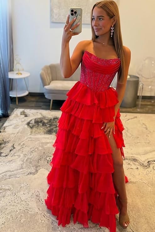 Tiered Strapless Prom Dresses Long 2026 Ruffle Sparkly Corset Formal Evening Gown with Slit - Image 2