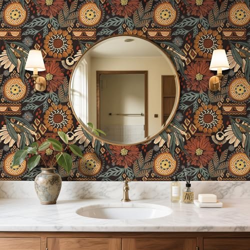 Papel pintado floral bohemio marrón de vinilo impermeable 4