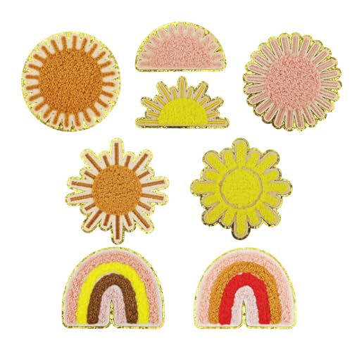 HEYTRCO 8PCS Boho Sun Iron on Patches, Cute Bohemian Rainbow Sunshine Embroidered Iron on Patches for Clothes, Colorful Custom Applique for Kids, Hats, Jeans, Jackets, Bags, Backpacks, Dress